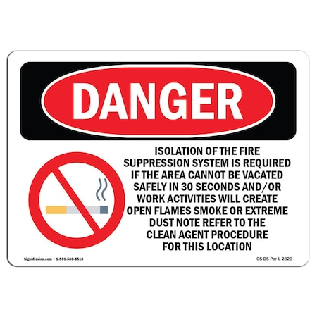 OSHA Danger Sign, Isolation Of The Fire Suppression, 14in X 10in Decal